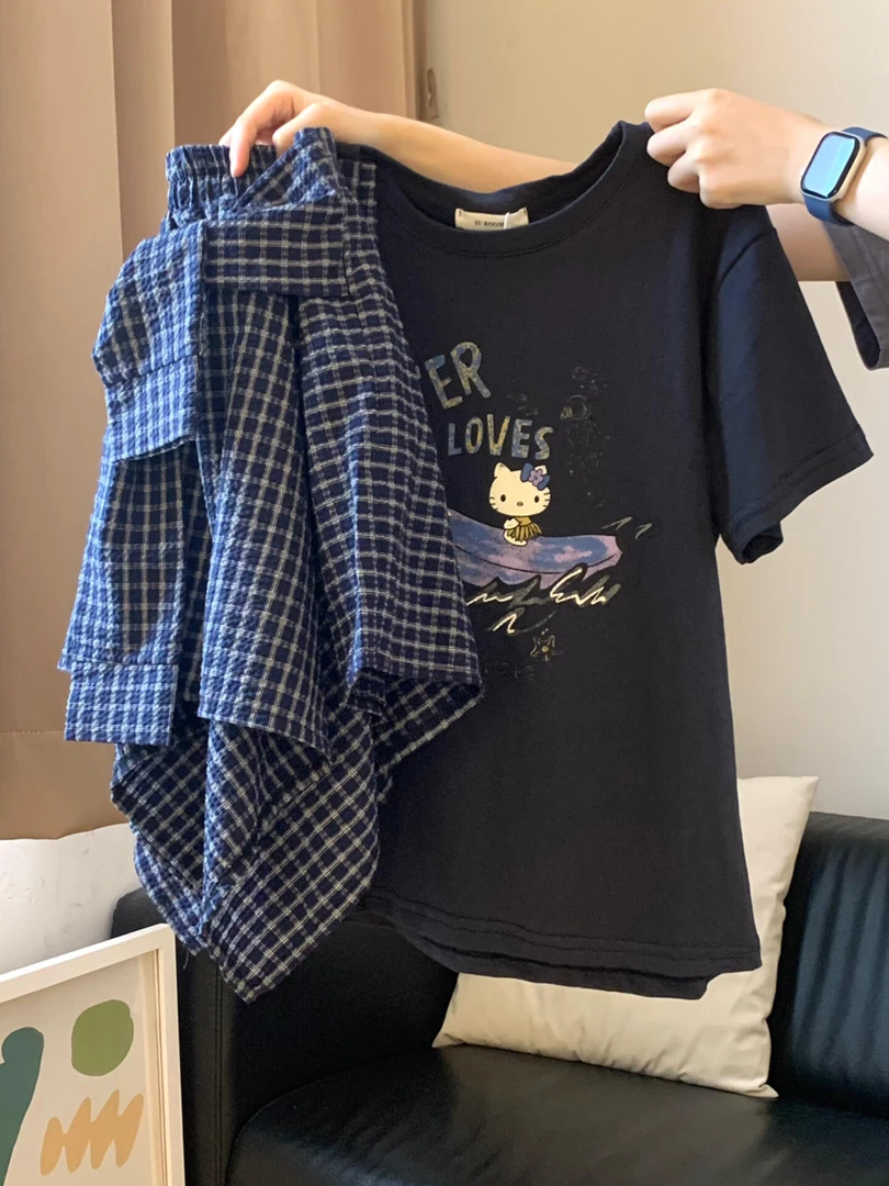 香蕉船KT猫字母印花圆领纯棉T恤女2025新款百搭宽松显瘦情侣上衣
