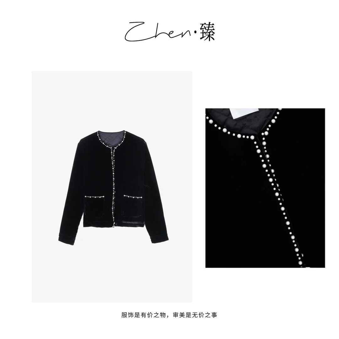 ZHEN.臻 法式高级重工小香风钉珠短款真丝丝绒棉服外套SY7250Z