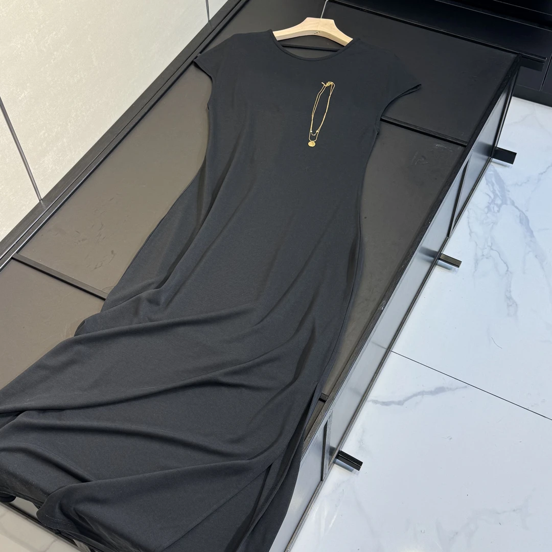 气质优雅显瘦极简莫代尔短袖开叉连衣裙小黑裙长裙女24452