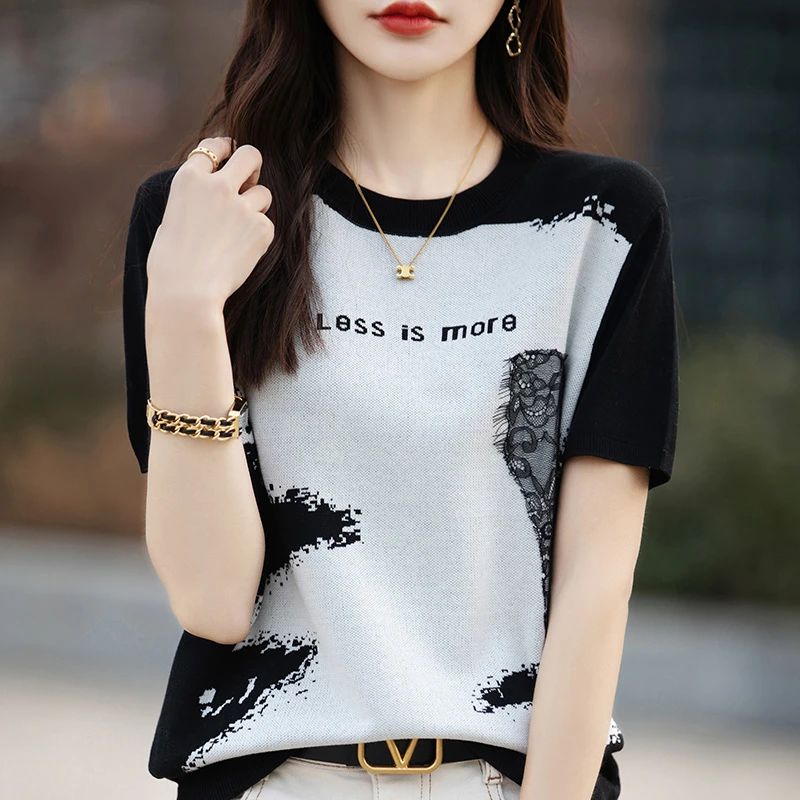 品牌女士显瘦T恤显瘦短袖夏装气质女士蕾丝洋气提花夏季百搭时尚