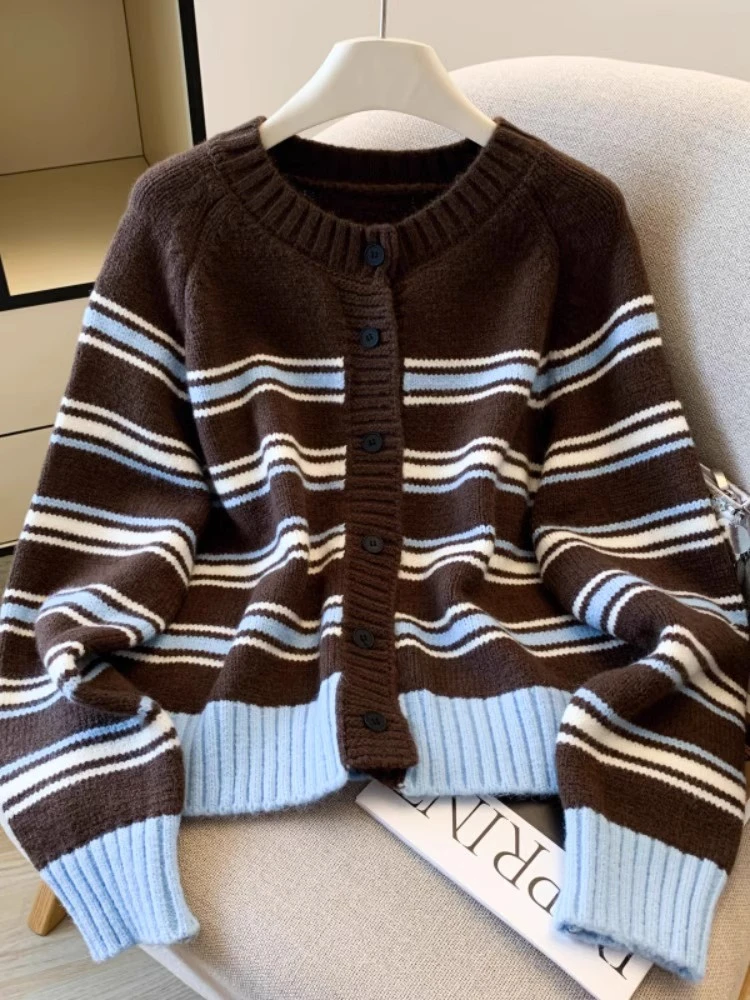 条纹针织衫外搭女秋冬保暖小个子韩系圆领撞色开衫毛衣
