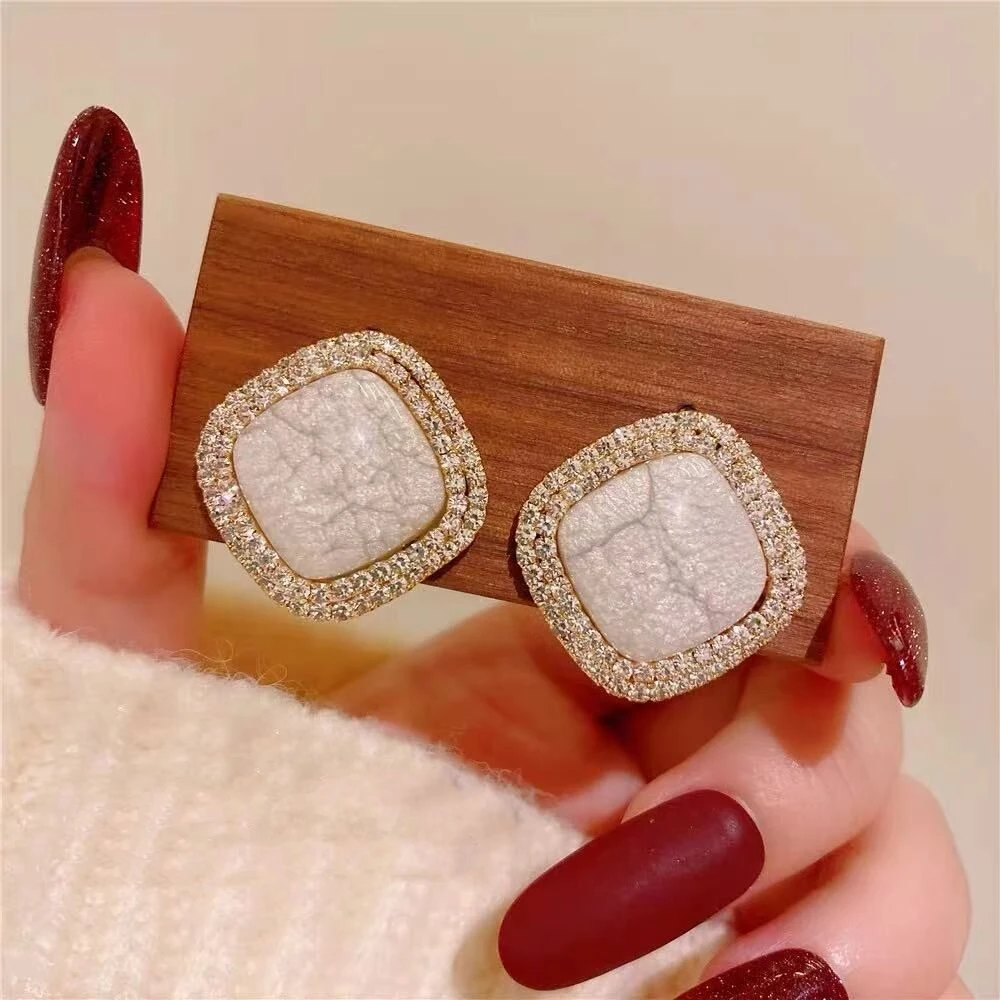 铜合金耳饰 【156】法式优雅高级感米色裂纹双层耳轻奢钉气质耳环女