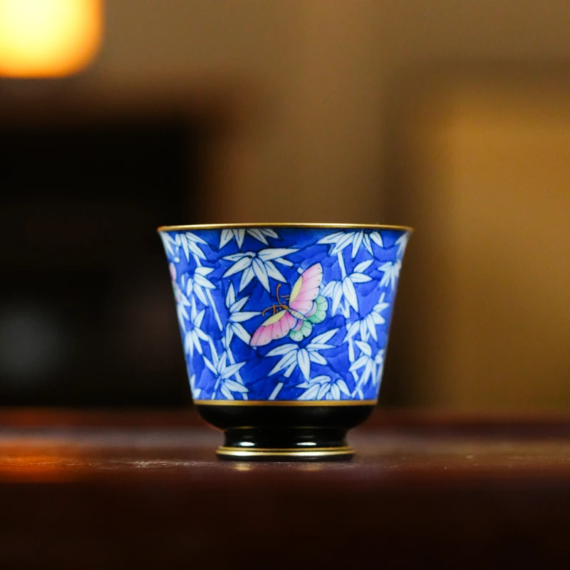 【悦生活】玄色青花-华隐堂-蓝地竹影蝴蝶主人杯（华隐S0901）