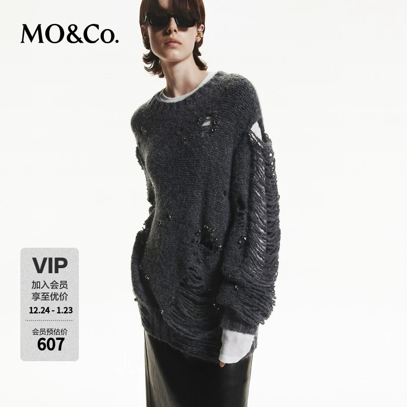 MOCO破洞黑钻饰绵羊毛混纺毛衣MBD3SWT005