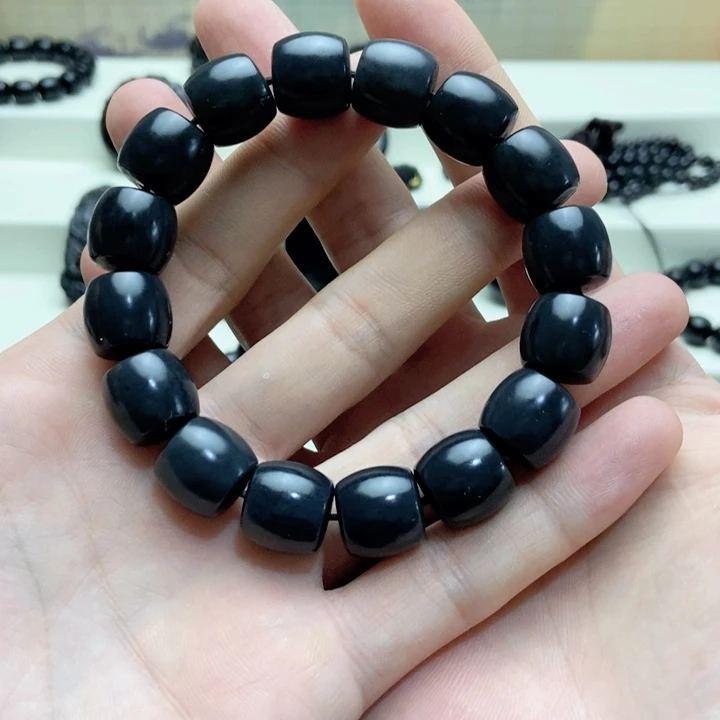 未镶嵌手链和田玉（墨玉）和田玉墨玉卡14直切手串莫兰迪灰