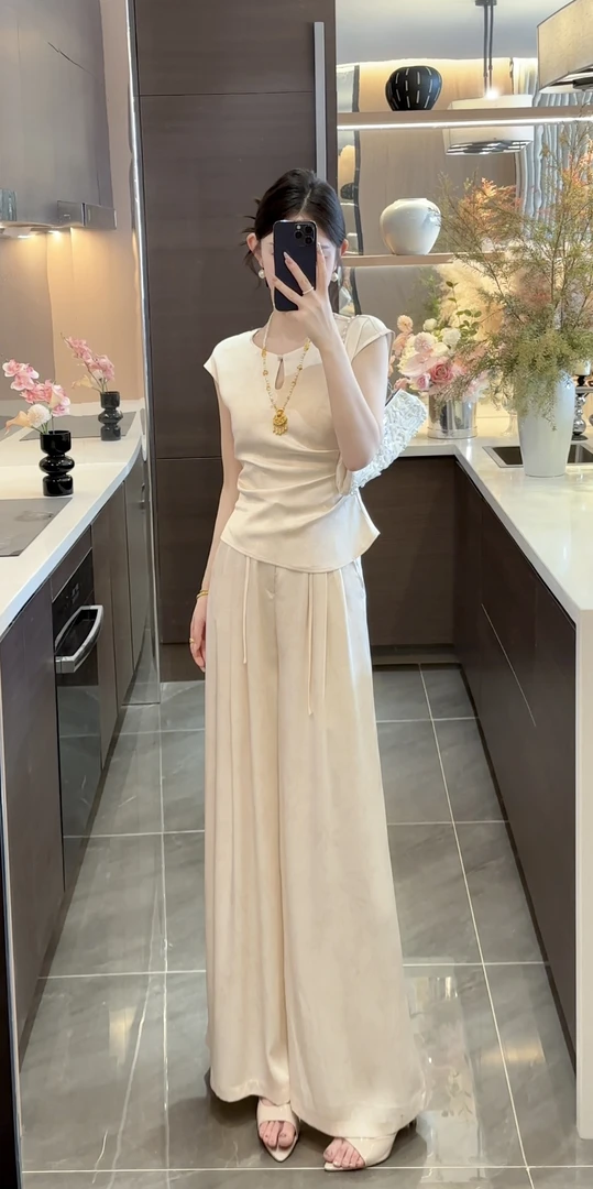 【周粥】【金竹】2025新款夏季缎面提花气质修身上衣裤子JJC5TZ9699