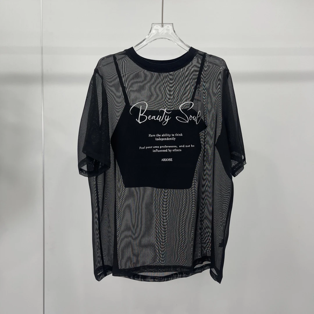 艾家同款2025夏装新款镂空网纱吊带两件套T恤防晒上衣50526008