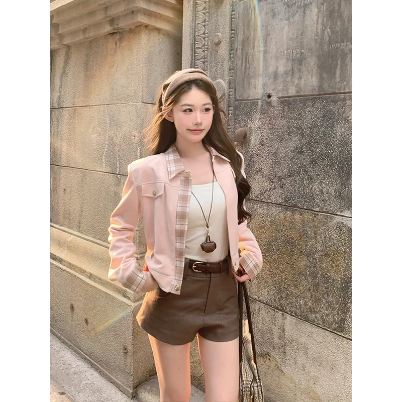 韩版高级感撞色格纹拼接外套女秋季新款时尚百搭短款翻领夹克上衣