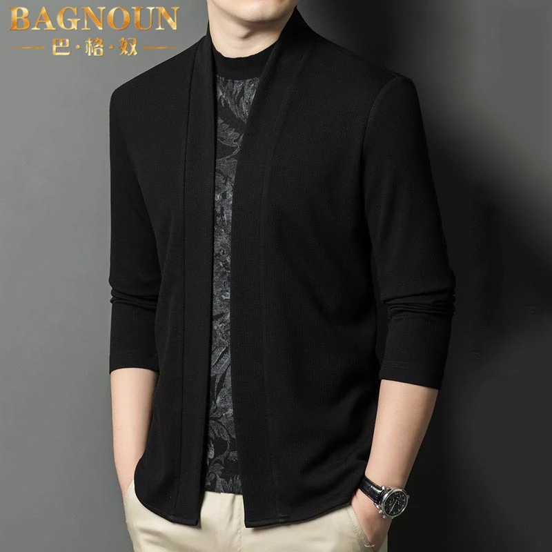 巴格奴长袖T恤男士春秋季新款时尚潮流半高领拼接假两件开衫l上衣