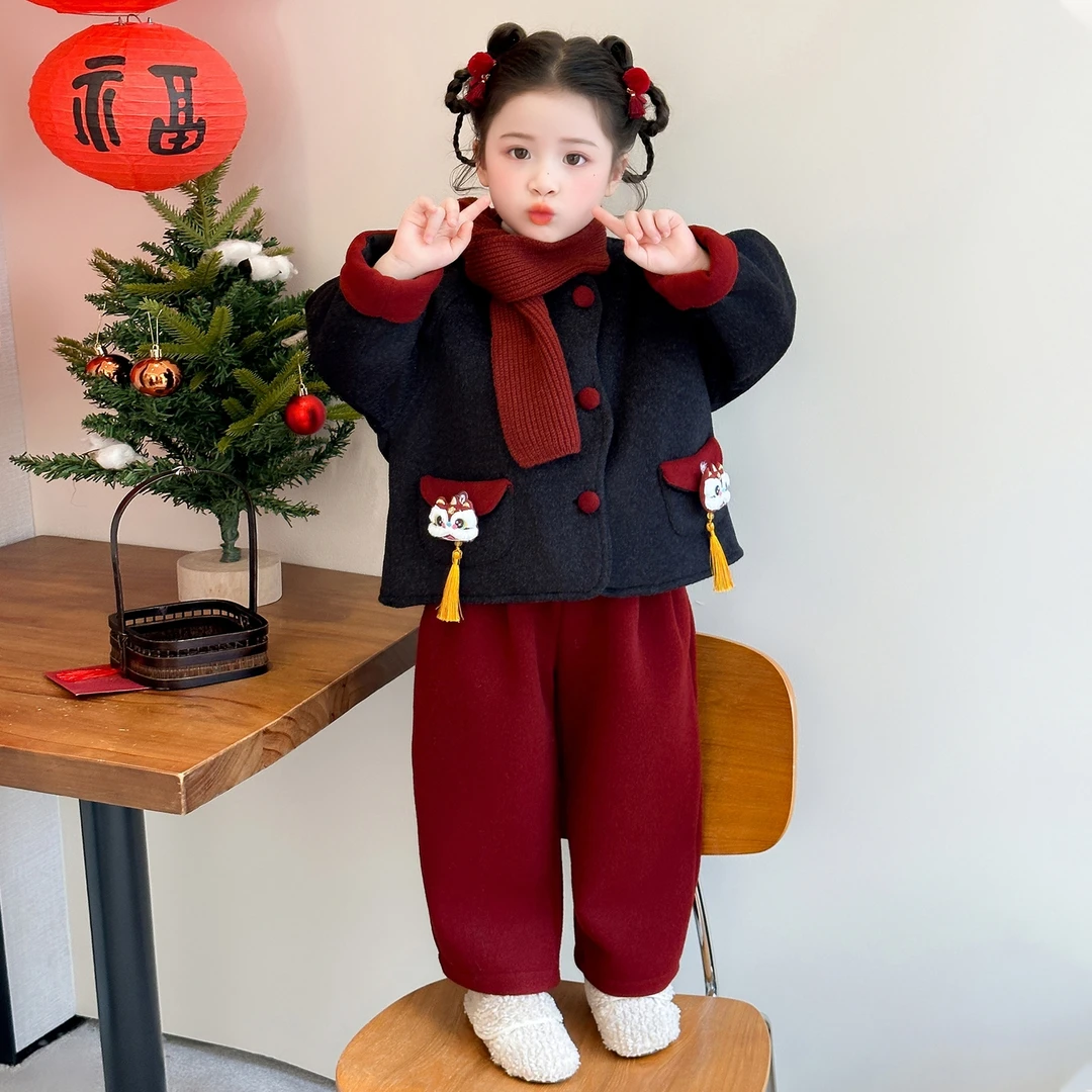 女童卡通加厚拜年服冬2026新款儿童国风加绒套装可爱宝宝过年衣服