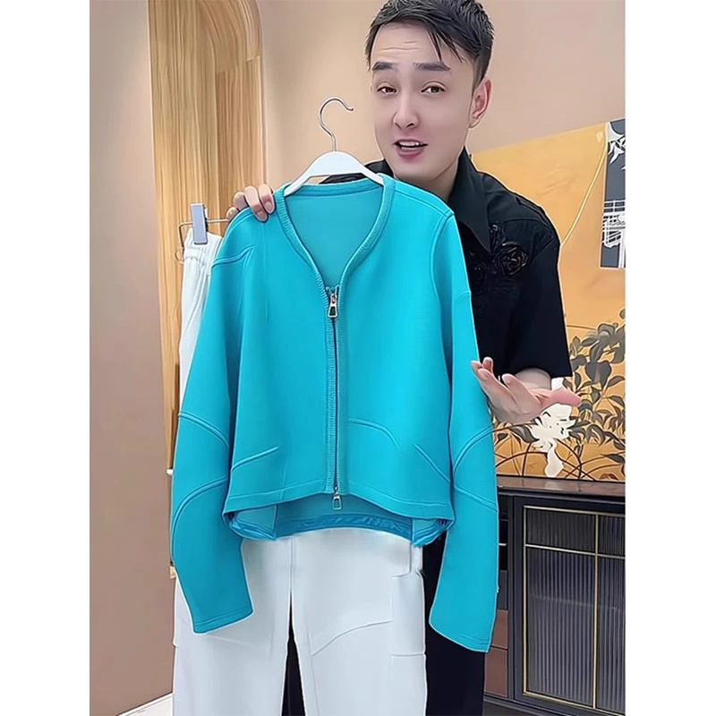 春秋独特别致蓝色拉链外套女设计感小众慵懒宽松通勤休闲长袖上衣