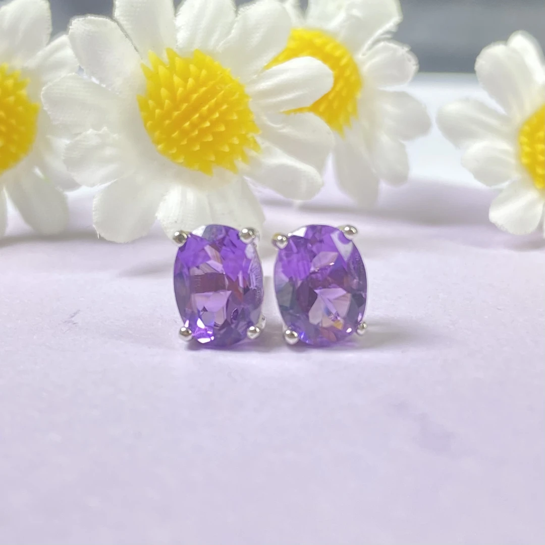 【迪迪臻选】S925银镶紫水晶-简约蛋面耳钉（多样性发一）
