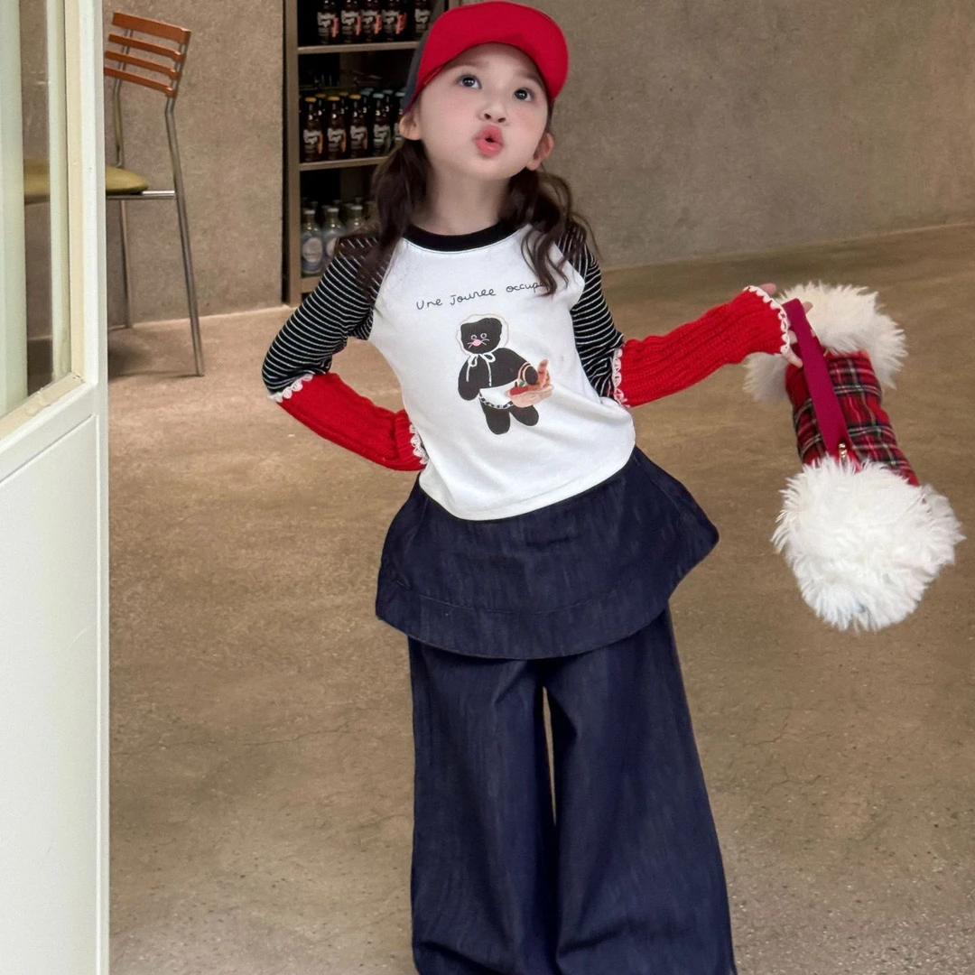 2025秋季新款童装 韩版童装 女童拼色卡通幼儿园T恤 短款时尚T恤