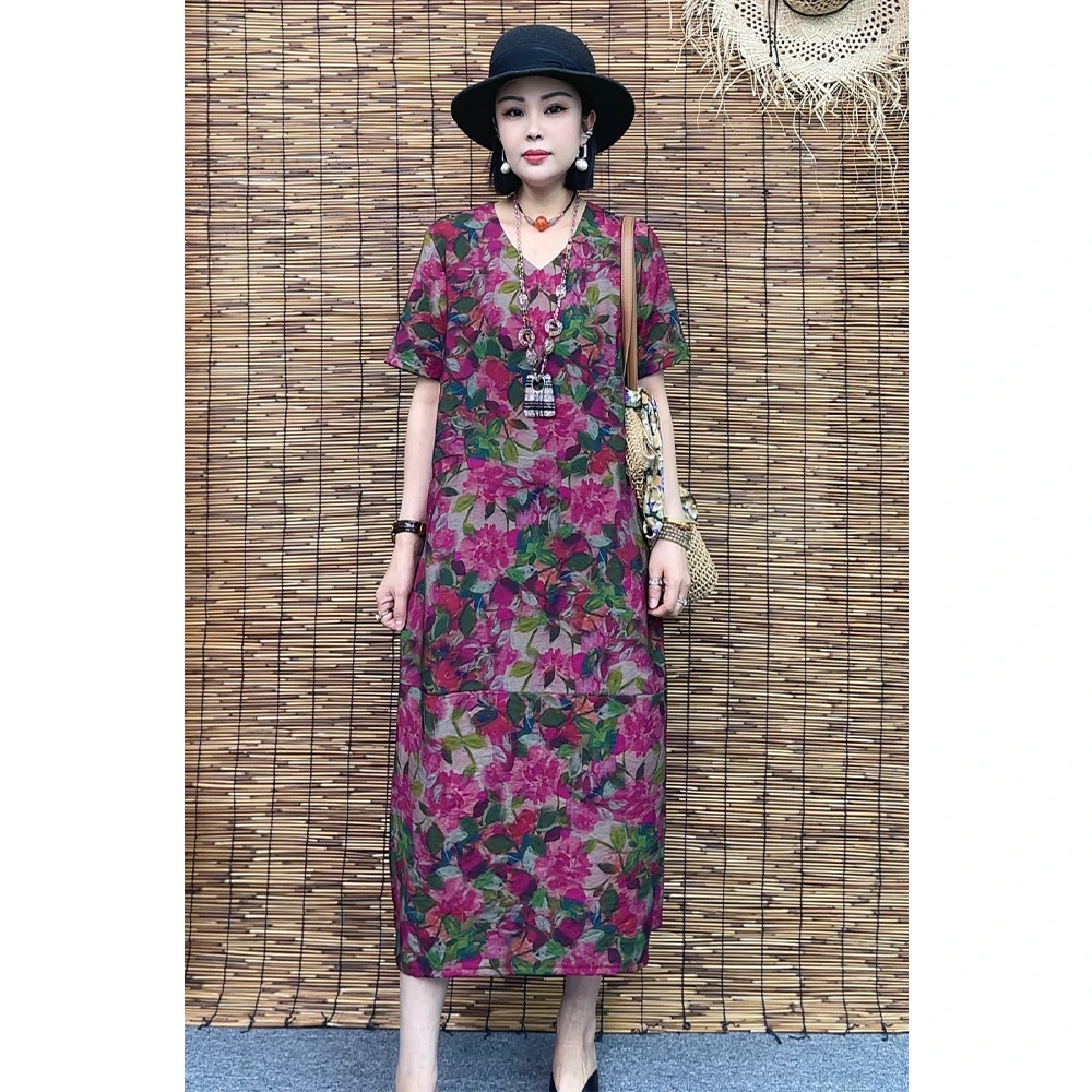 2025夏季短袖时尚气质长裙显瘦中长款宽松大码拼接连衣裙586