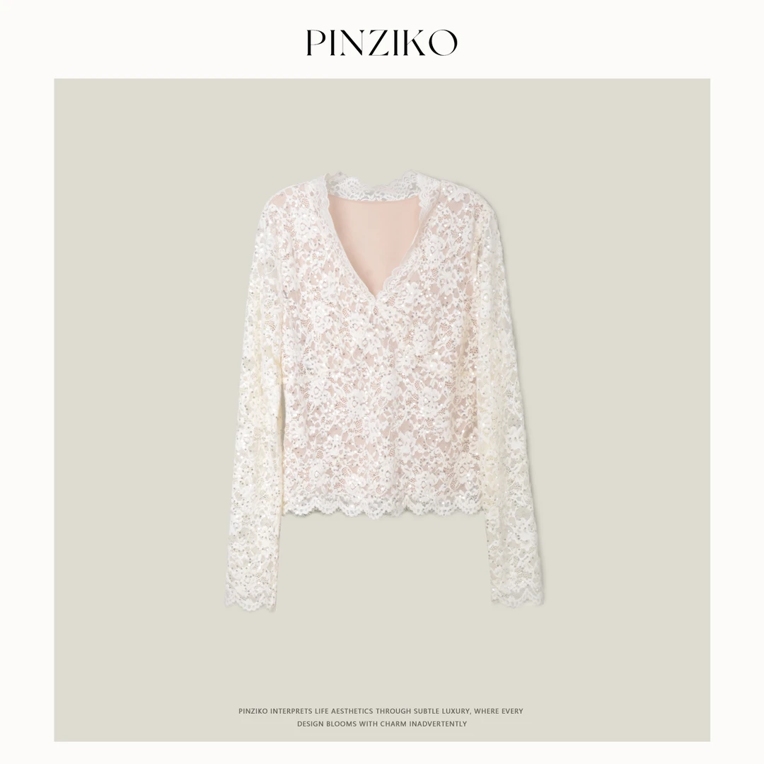 pinziko月光蕾丝~秋冬蕾丝打底衫女V领气质显瘦保暖上衣TJF517