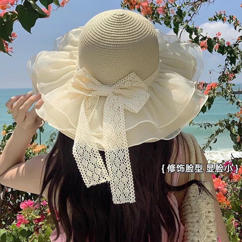 草帽女2025新款夏季蕾丝蝴蝶结草编帽出游防晒帽子沙滩海边大帽檐