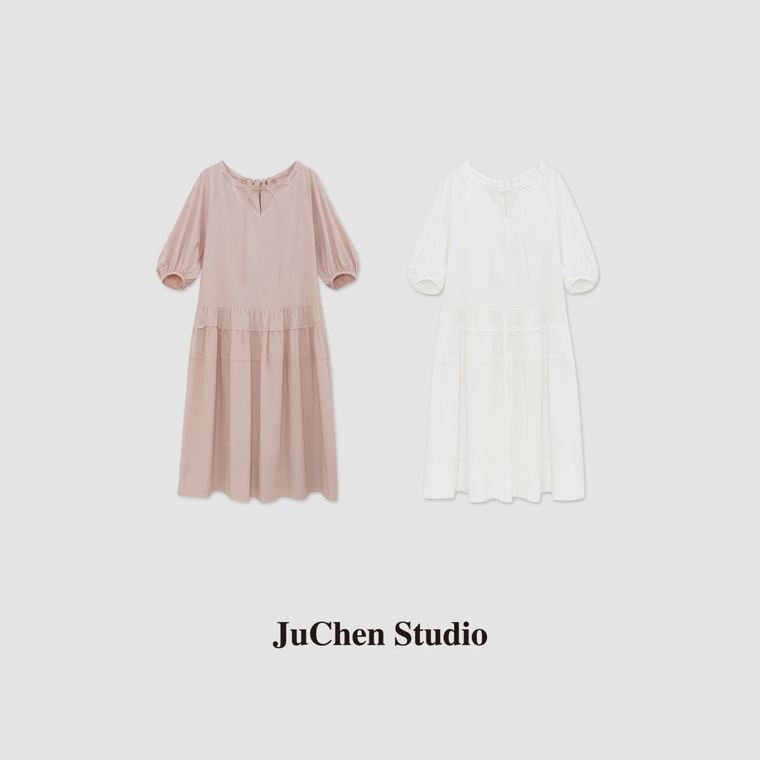 结构感分割大裙摆系带领口藏肉花苞袖连衣裙长款 SS044321