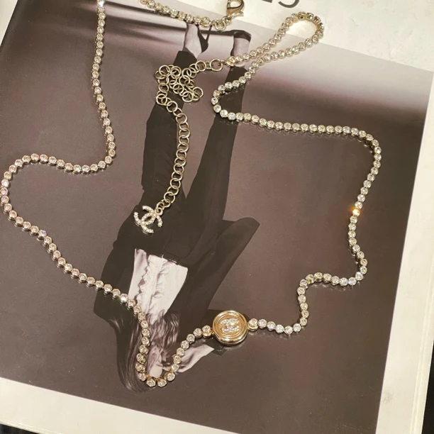 99新 Chanel/香奈儿 Chanel 浅金色 满钻圆盘长项链/腰链