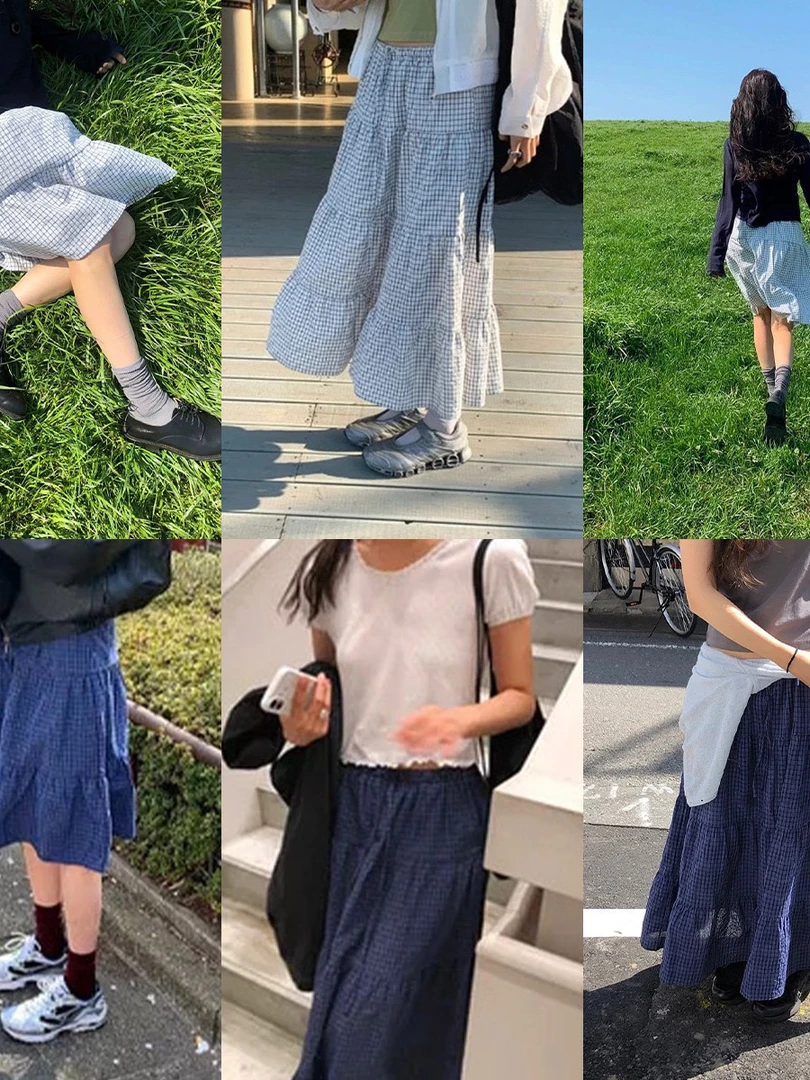 现货2025夏季新款韩国东大门甜美清新格纹蛋糕裙层次感半身裙长