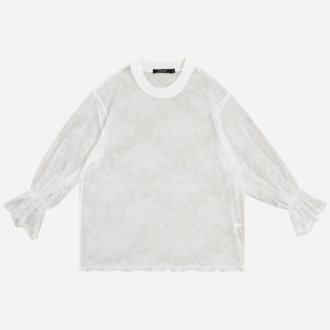 GGAHOLIDAY夏季复古薄款宽松时尚休闲气质蕾丝百搭显瘦T恤-152612