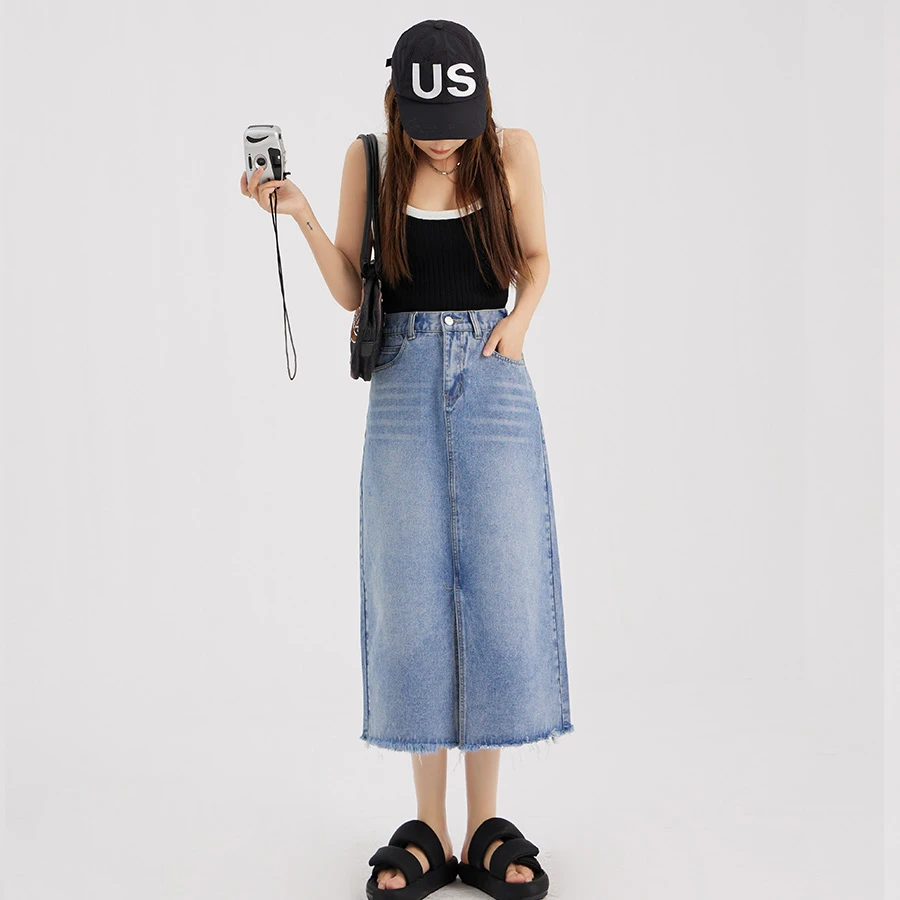 【涵胖胖】【青】夏季新款显高藏肉纯色半身裙前开叉牛仔裙  9738