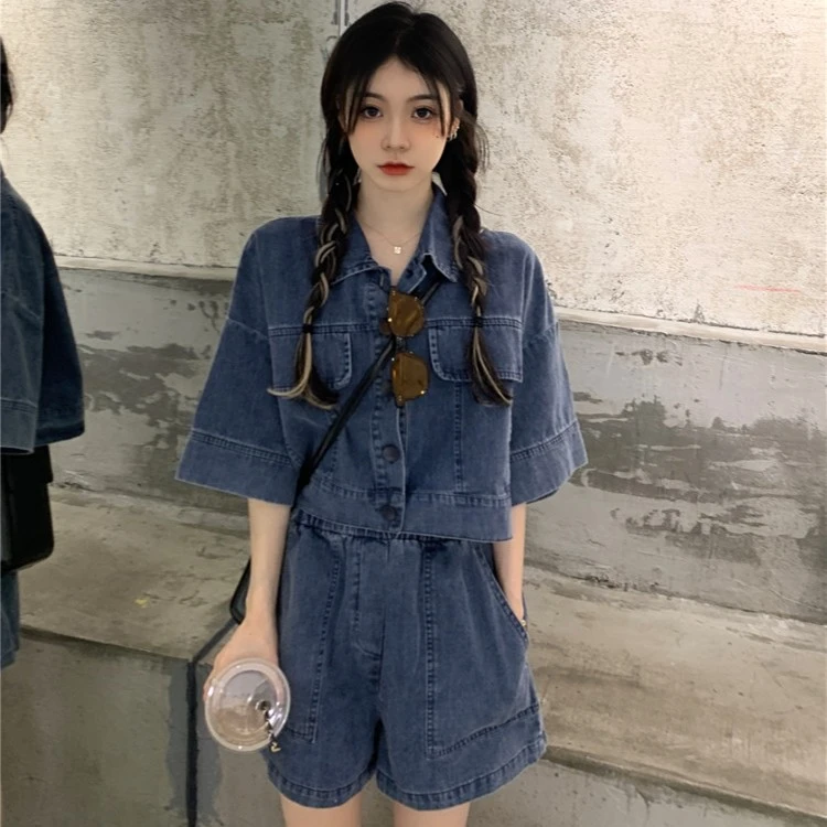 PERIKAS夏季韩版宽松小个子百搭遮肚子休闲赛络纺牛仔短款套装898