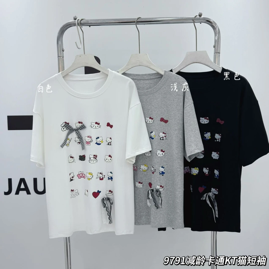 减龄卡通KT猫短袖针织时尚夏季撞色9791