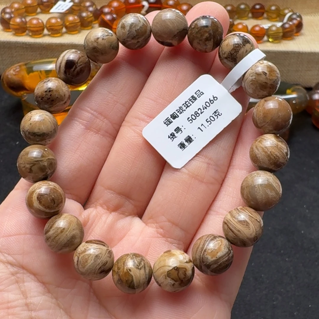 琥珀未镶嵌珠宝奇石10mm白花根单圈