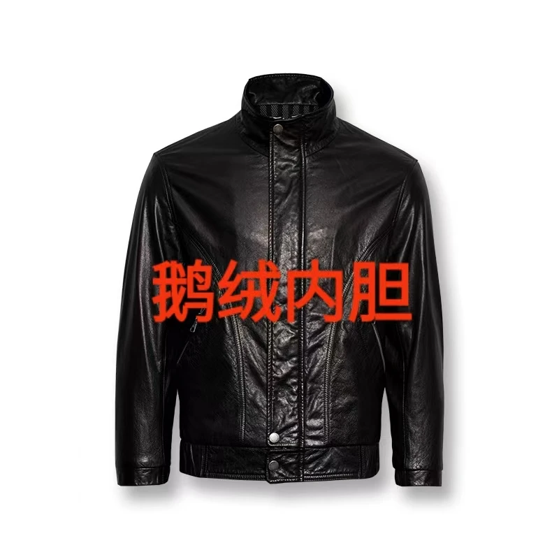 海宁25新款鹅绒内胆头层小牛皮男装经典皮衣休闲立翻领黑色百搭