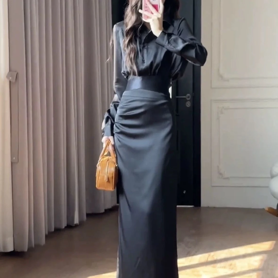 高级感法式修身显瘦长袖翻领衬衫搭配高腰半身裙蚂蚁腰设计慵懒