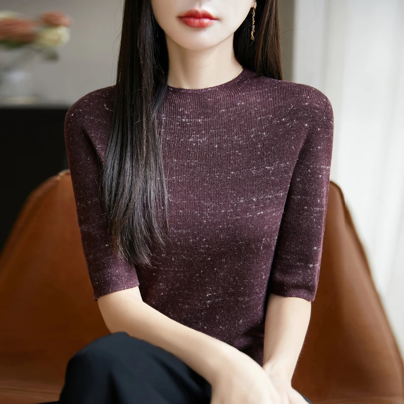 新款女士半高领短袖t恤气质百搭修身针织半袖通勤简约立领中袖