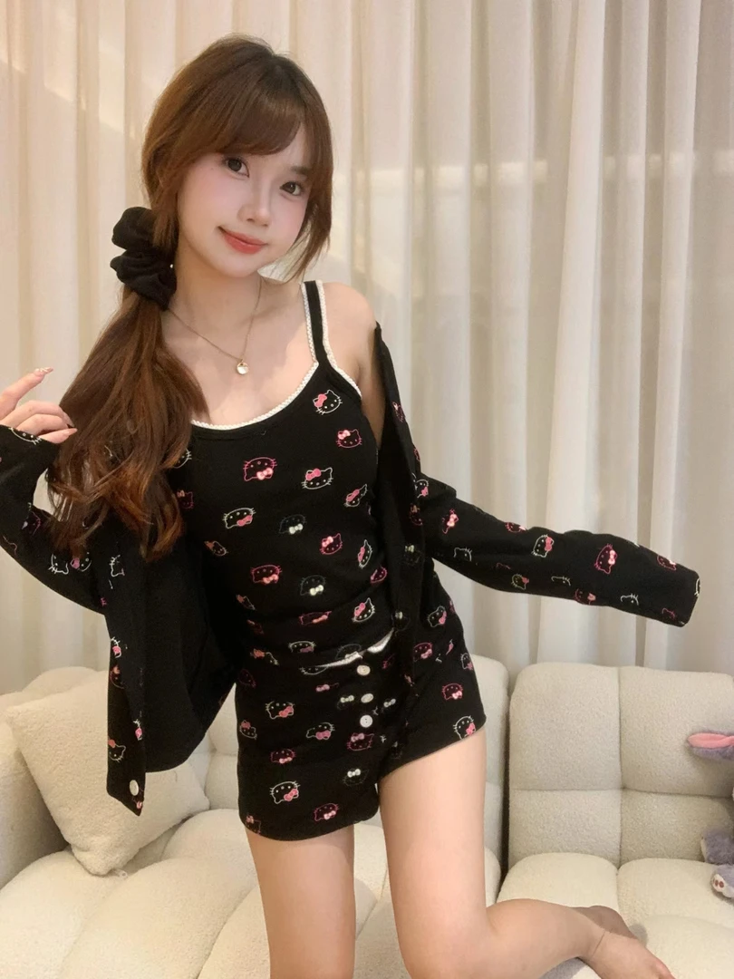 【暗黑凯蒂猫吊带】可爱凯蒂猫睡衣春季新款吊带高级感三件套可外穿