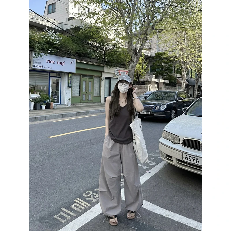 辣妹慵懒风松弛感简约纯色吊带背心上衣2025夏季休闲束脚宽松长裤