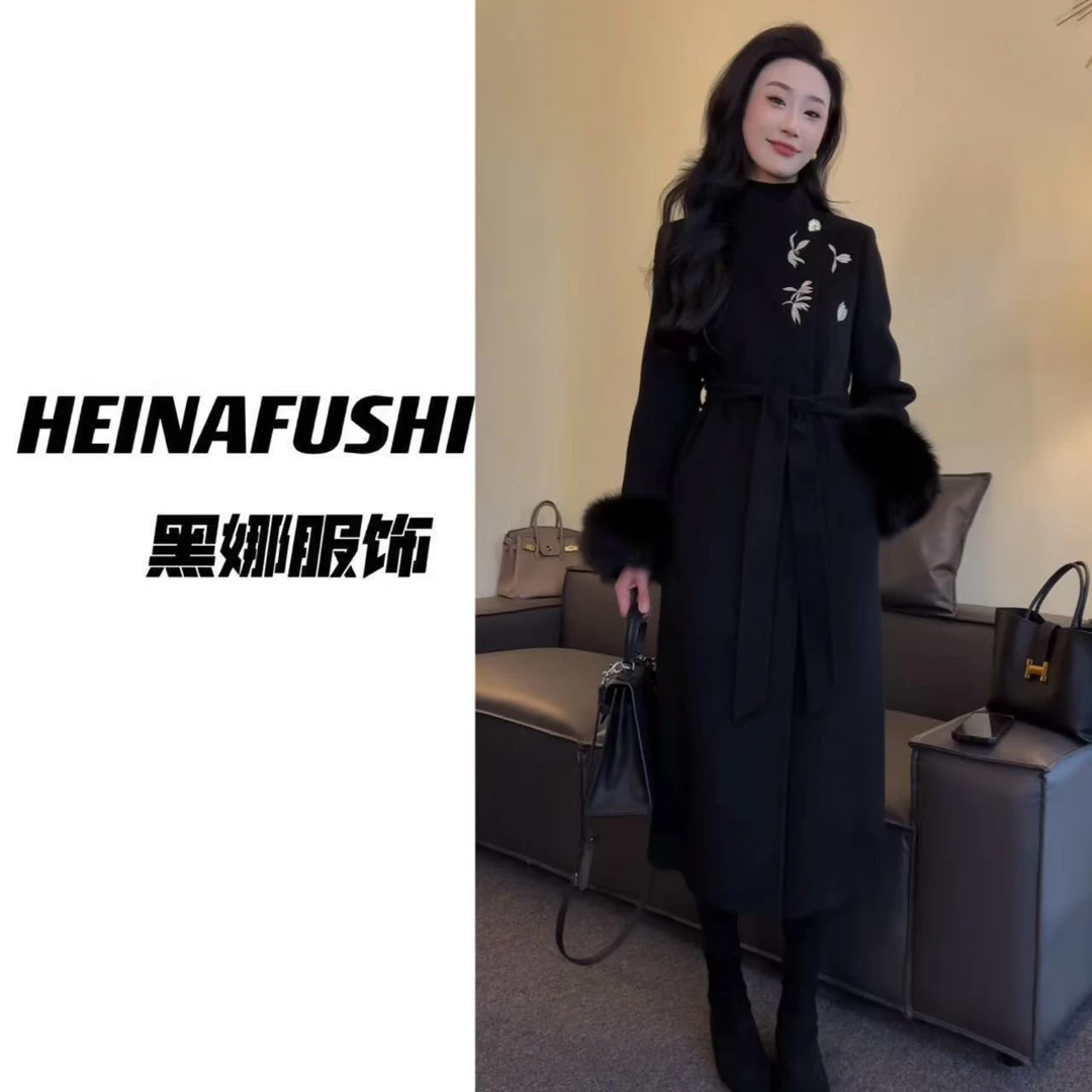 HEINA新中式刺绣狐狸毛袖羊绒大衣2633