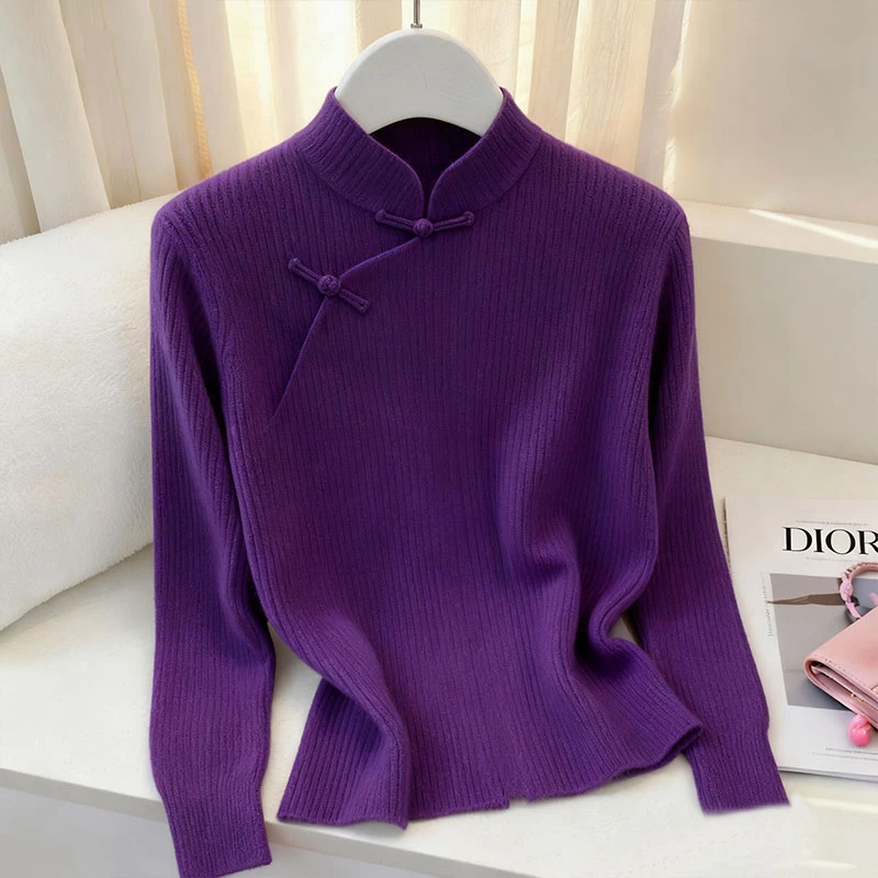 紫色针织衫毛衣女秋冬新款新中式立领盘扣上衣气质轻熟风别致小衫