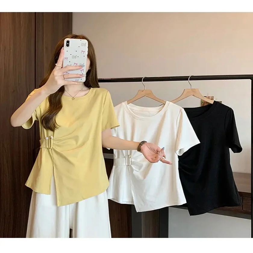 正肩短袖T恤女夏季新款大码胖mm设计感别致不规则遮肚子显瘦上衣