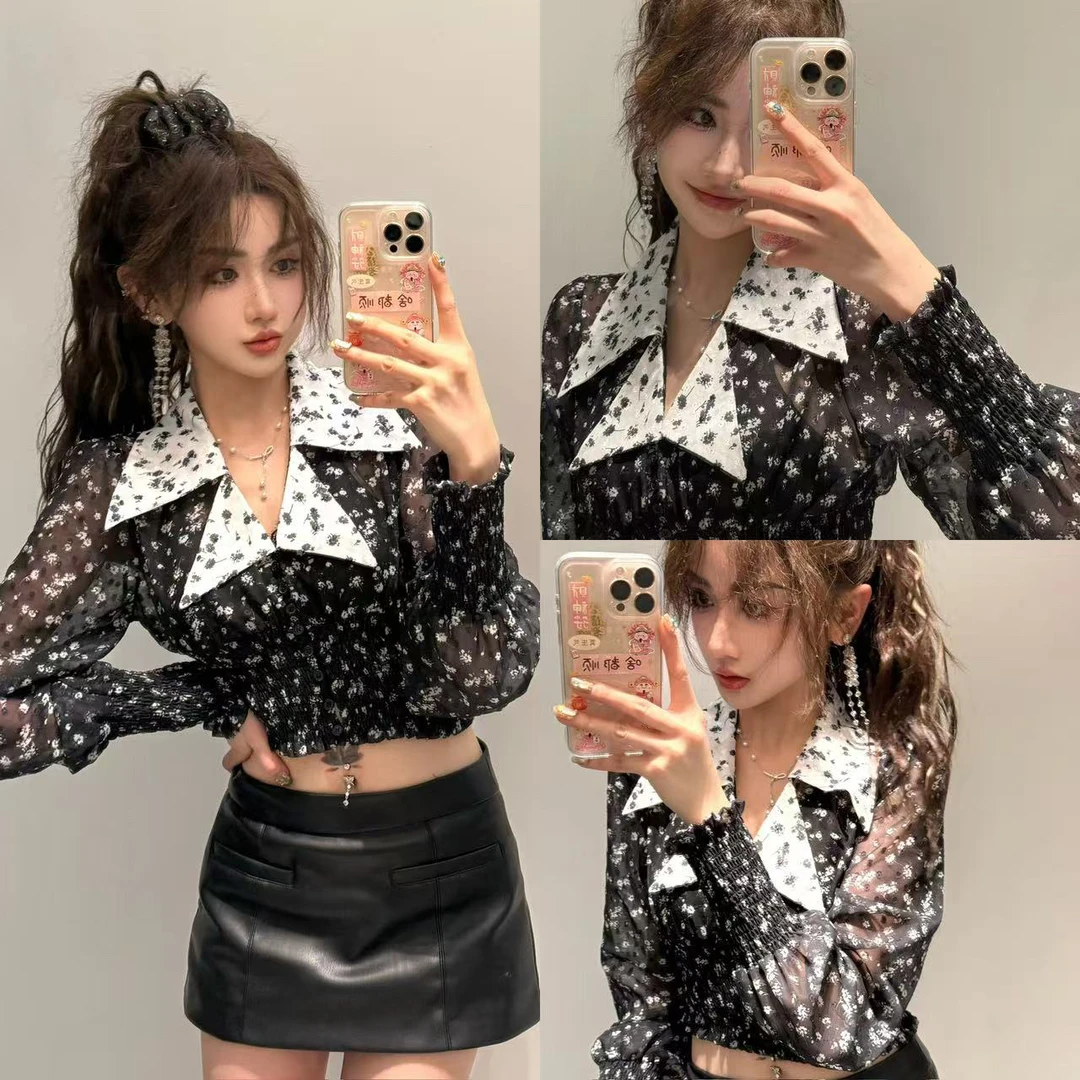 碎花翻领微透视收腰灯笼袖衬衫