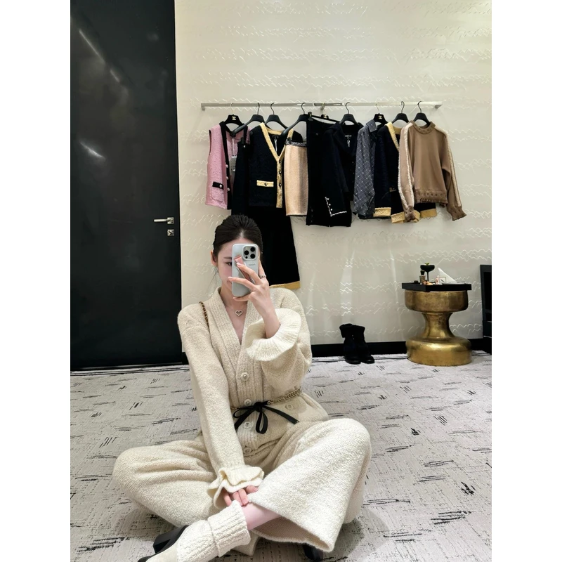 【YY】香家新款荷叶袖V领开衫外套+裤子套装