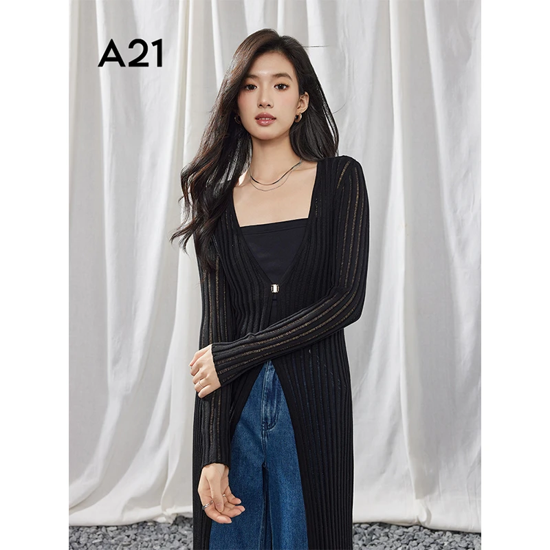 A21女装V领轻薄镂空气质黑色中长款毛衫外套F451244001