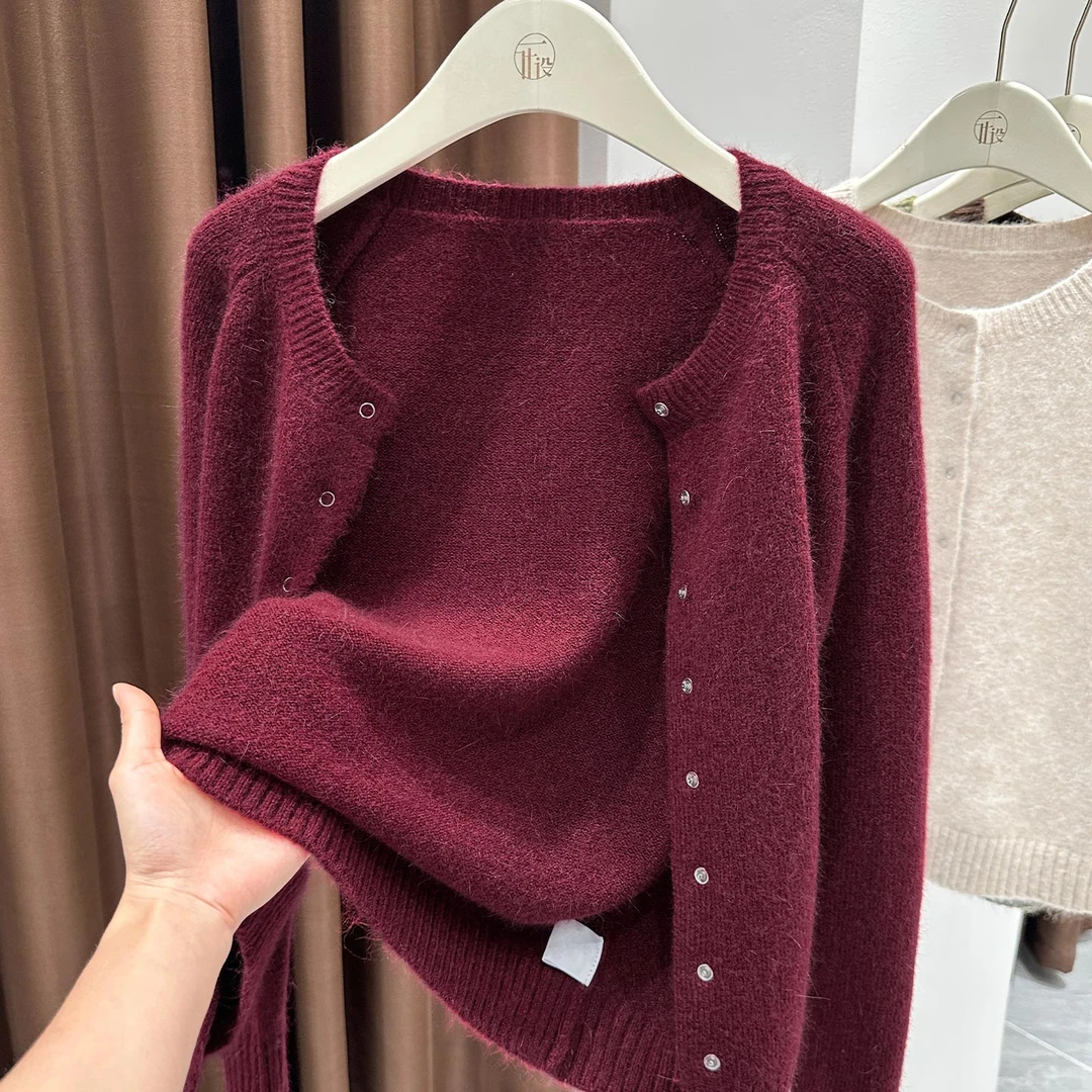 复古酒红色针织开衫女2025秋冬新款毛衣外搭慵懒风气质短外套上衣