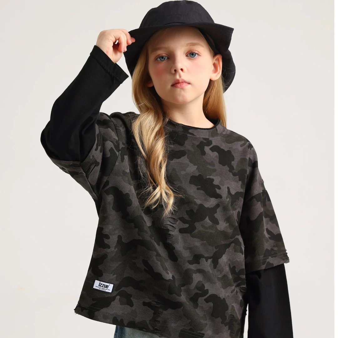 IZZUE中大童长袖t恤春秋儿童假两件上衣打底衫迷彩IZULTMH001020