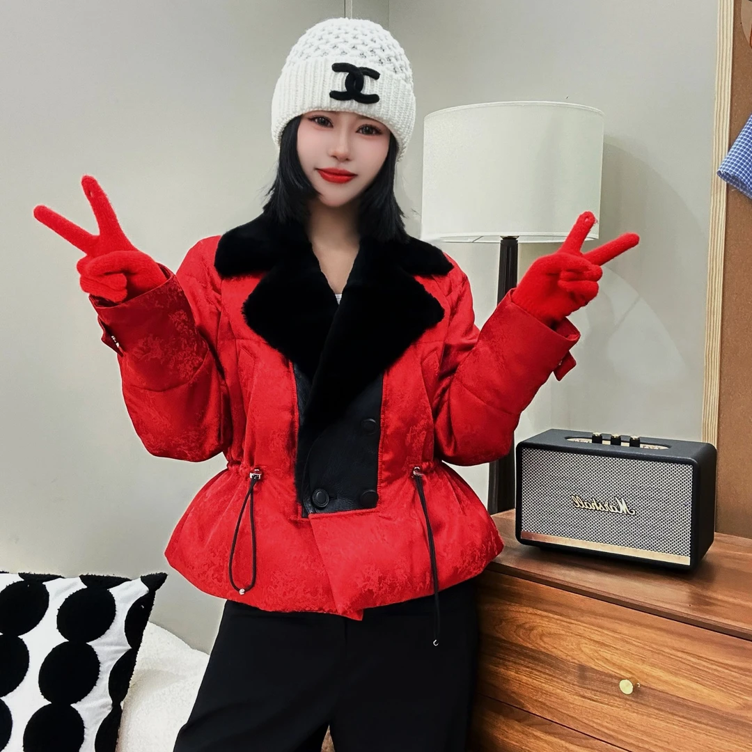 【福星高照】正版 玫瑰提花暗纹 设计师款 皮毛一体拼接鹅绒服外套