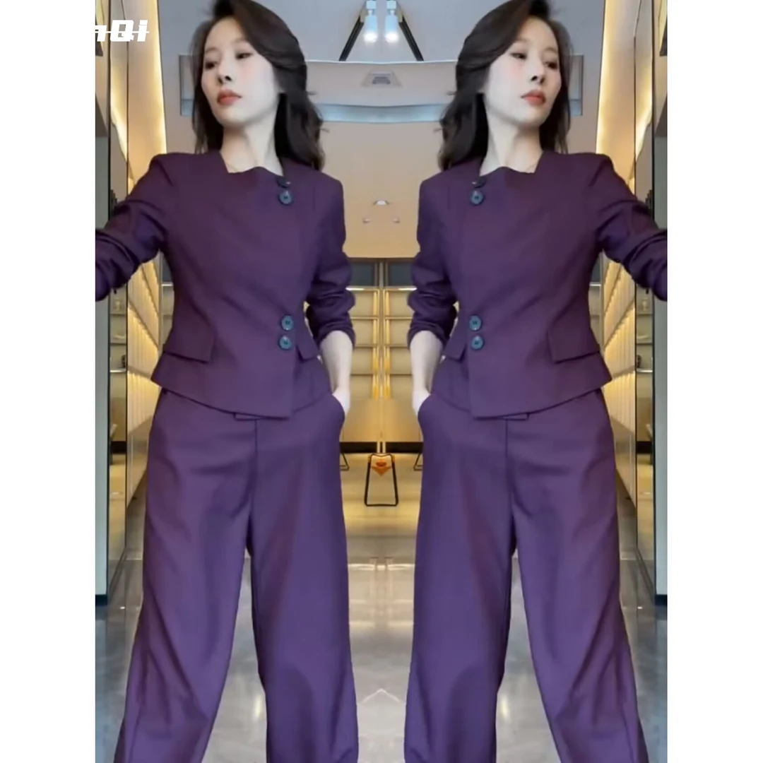 淳启韩版气质套装女秋装新款修身显瘦紫色上衣+宽松直筒裤两件套