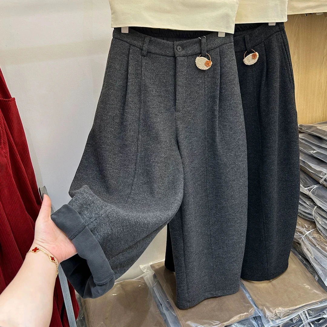 【蔓蔓家】羊毛呢阔腿裤女2025冬款宽松休闲加绒弯刀裤九分小个子