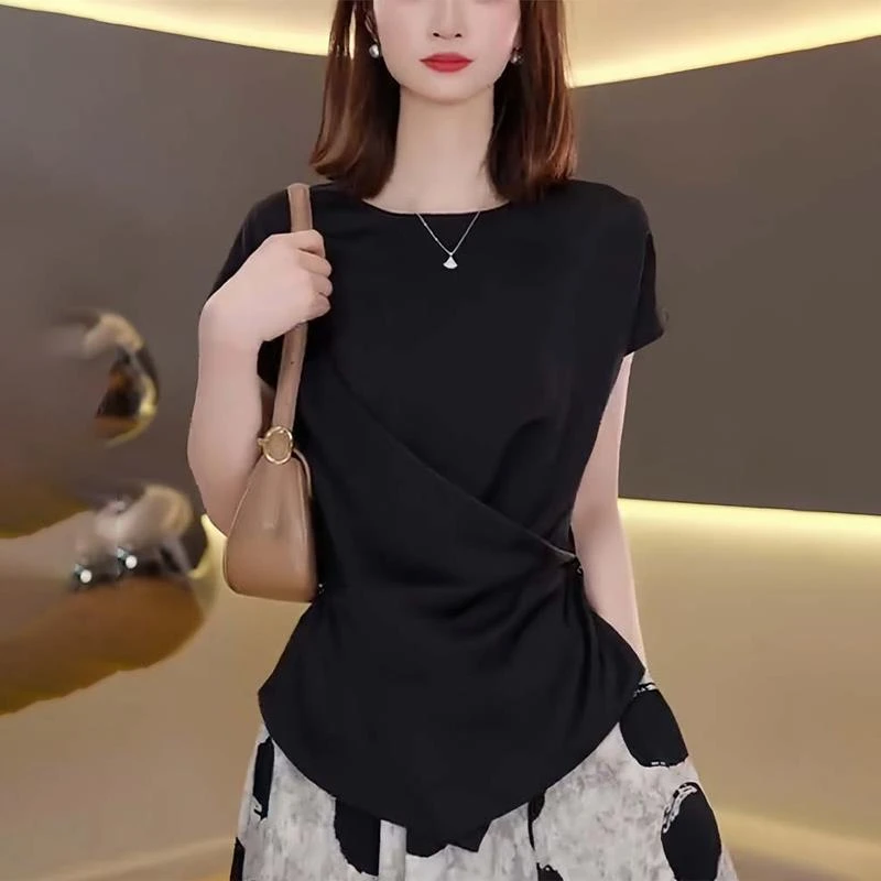 夏季韩系不规则别致上衣女2025新款爆款通勤休闲收腰圆领短袖t恤