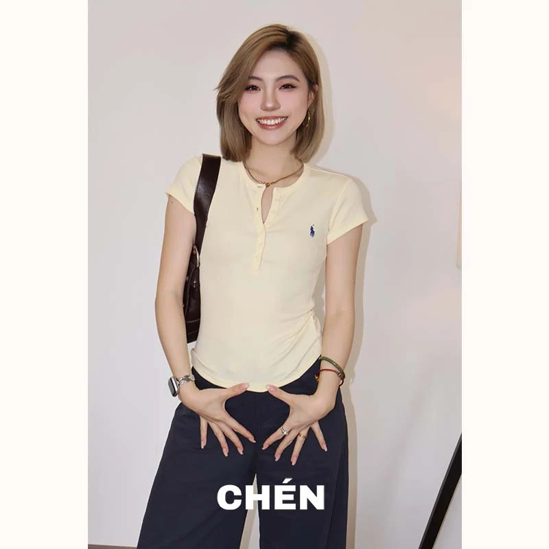 【亨利衫】晨总自制休闲通勤百搭真门襟显瘦修身夏季薄款短款T恤女