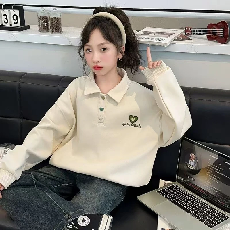 玥玥家~春秋款小翻领刺绣纯色休闲时尚百搭女童一体绒卫衣