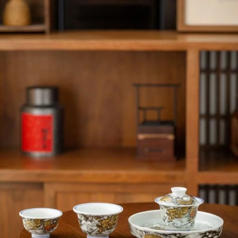 景德镇古器堂金龙五件套自用款无礼盒茶具
