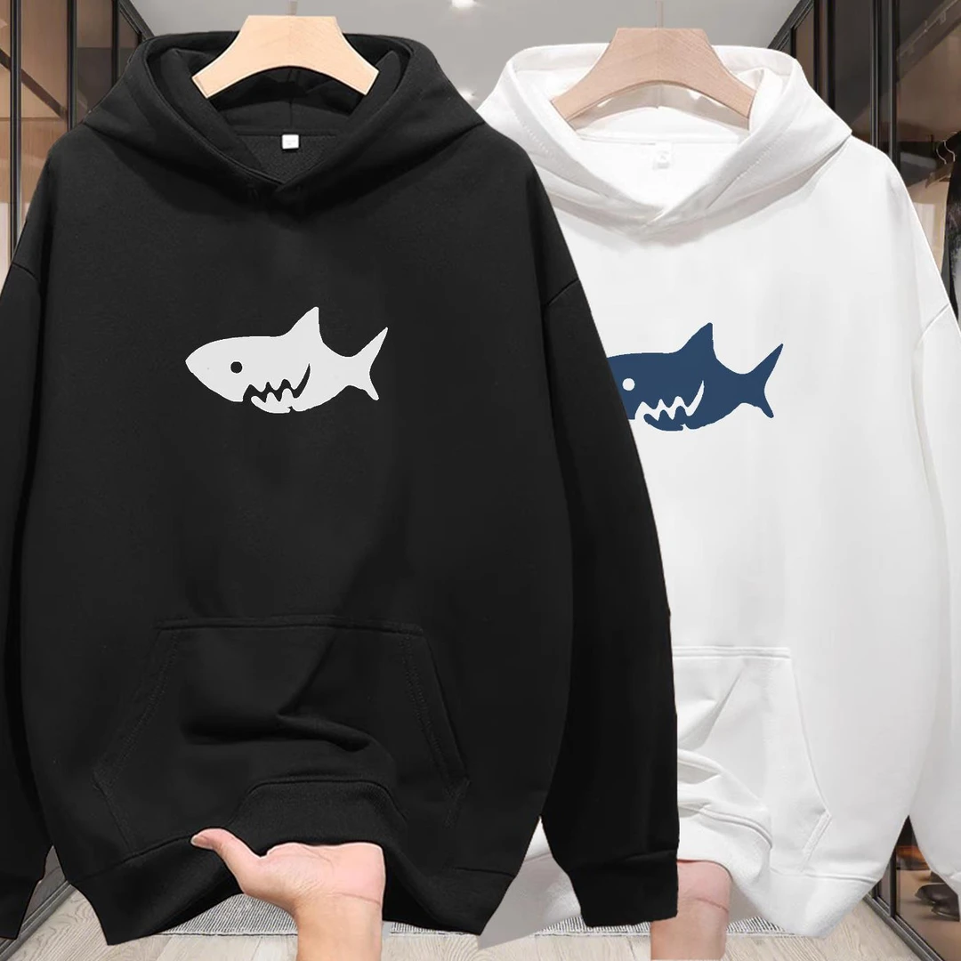 秋冬男士连帽白色卫衣青少年大码300斤宽松鲨鱼印花休闲套头外套