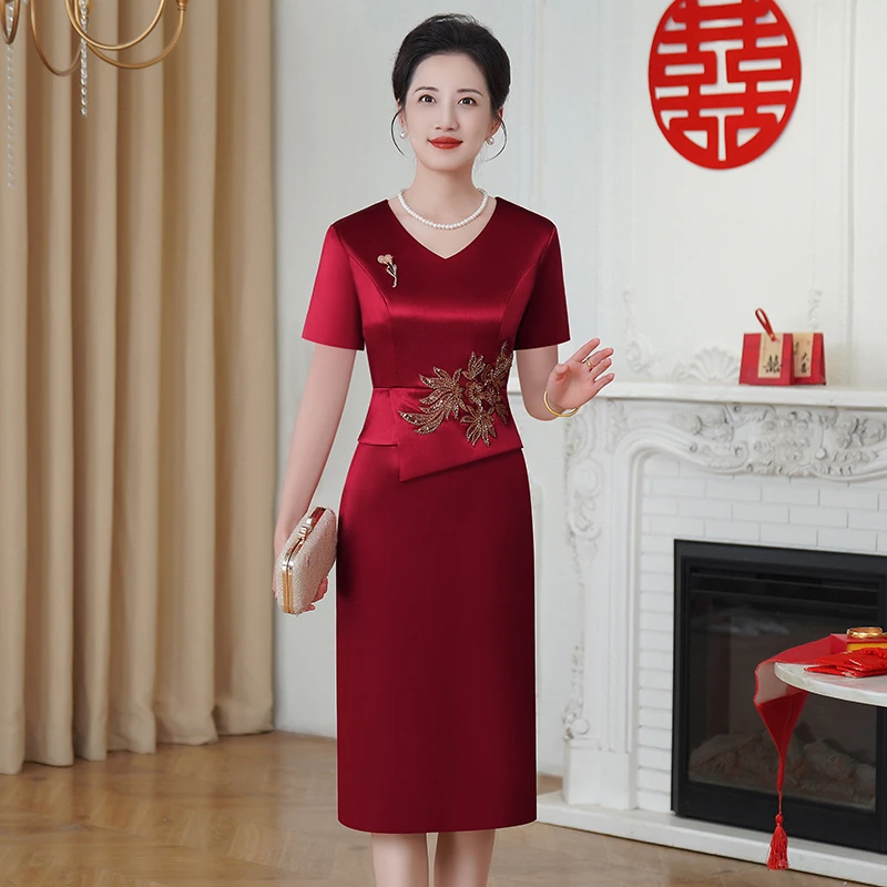 55612妈妈婚宴礼服喜婆婆装敬酒夏装新款连衣裙修身显瘦连衣裙